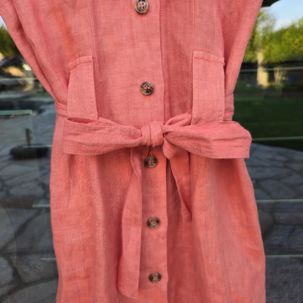 100% LINEN  button up tie waist coral dress, sleeveless w collar 052 - Picture 5 of 8
